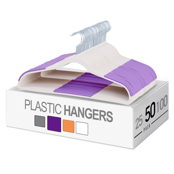 VECELO 50 Pack Heavy Duty Plastic Hangers, 360º Swivel Hook Coat Hangers, Non-Slip, Space-Saving, Purple