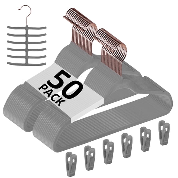 VECELO 50 Pack Velvet Clothes Hangers with 360 Rotating Hook, Slim Space Saving Suit Hangers, Gray
