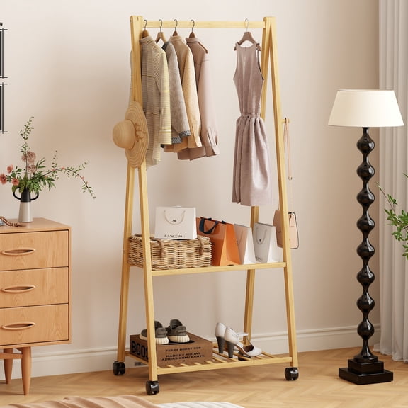 VECELO 54”H Bamboo Coat Rack with Wheels, Entryway Clothes Organizer, Hanging Rod and Umbrella Holder, Natural