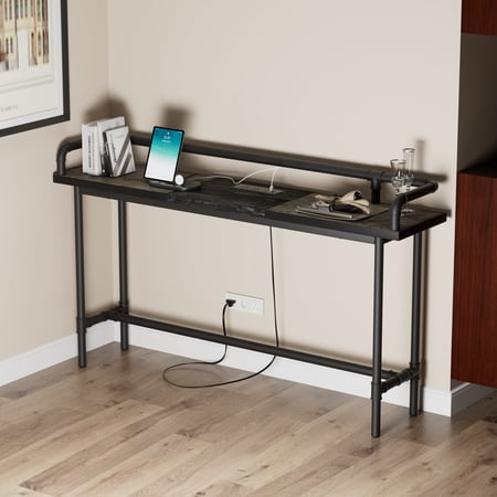 VECELO 55.1" Console Table with 2 Outlet and 2 USB Ports, Narrow Long Entryway Table with Metal Frame, Sofa Table for Living Room and Hallway, Oak Gray
