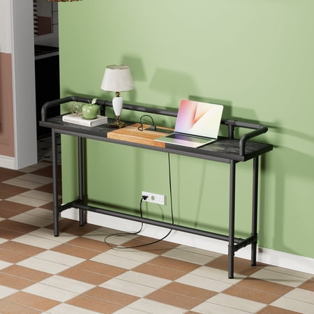 VECELO 55.1" Console Table with Charging Station, Narrow Sofa Table with 2 Power Outlet and 2 USB Ports for Living Room and Hallway, Charcoal Gray