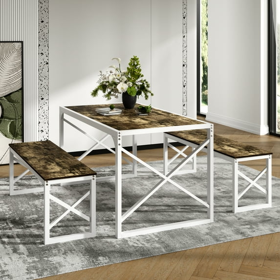 VECELO 55" Dining Table Sets with Benches, Modern Industrial 3-Piece Kitchen Table Set for Dining Room, Dark Brown