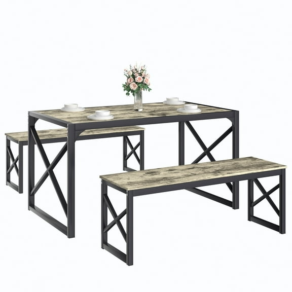 VECELO 55" Dining Table Sets with Benches, Modern Industrial 3-Piece Kitchen Table Set for Dining Room, Gray