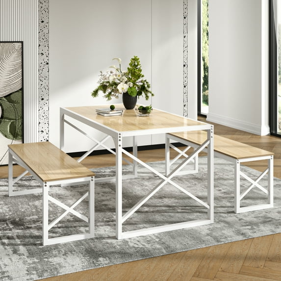 VECELO 55" Dining Table Sets with Benches, Modern Industrial 3-Piece Kitchen Table Set for Dining Room, Natural