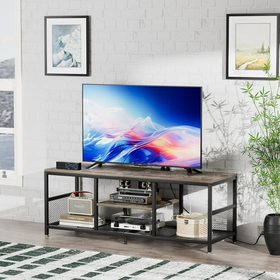 VECELO 55 Inch TV Stand for Living Room, TV Media Console Table for TVs up to 65 Inch, Entertainment Center with Power Outlets and Open Storage Shelves, Gray