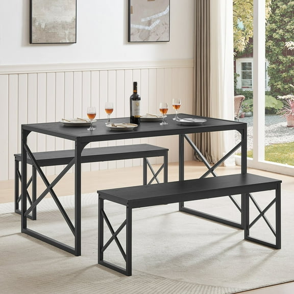VECELO 55" Dining Table Sets with Benches, Modern Industrial 3-Piece Kitchen Table Set for Dining Room, Black