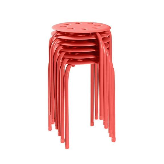 VECELO 6-Pack Round Plastic Stack Stools, 8 Holes Portable Stackable Stools with Metal Frame for Home School, Red