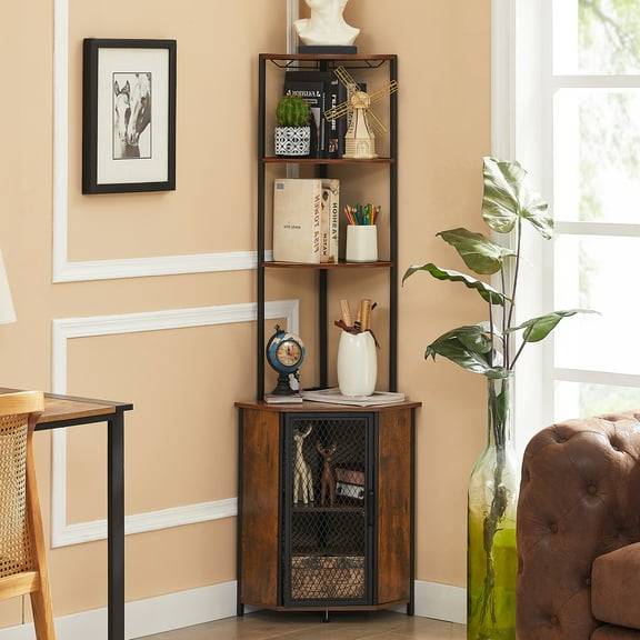 VECELO 6-Tier Corner Shelf with Storage Cabinet, Rustic Corner Bookshelf Stand Storage Rack Plant Stand for Living Room, Home Office, Kitchen, Small Space, Brown