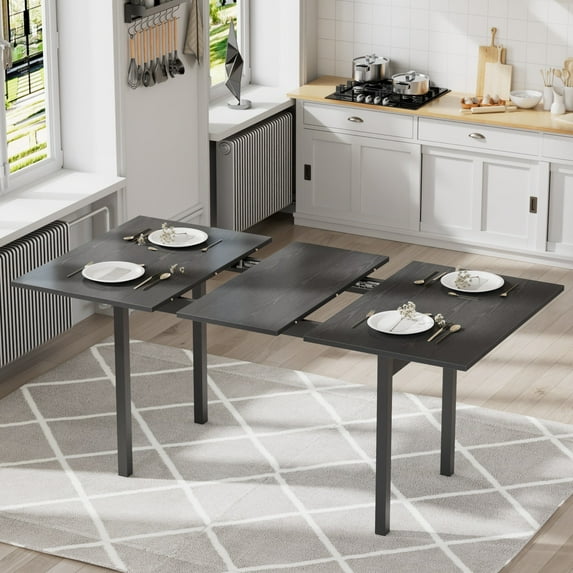 VECELO 63" Extendable Dining Table with Power Outlet, Modern Dining Room Table for 4-8, Wooden Kitchen Table for Small Space, Home Office, Living Room, Black