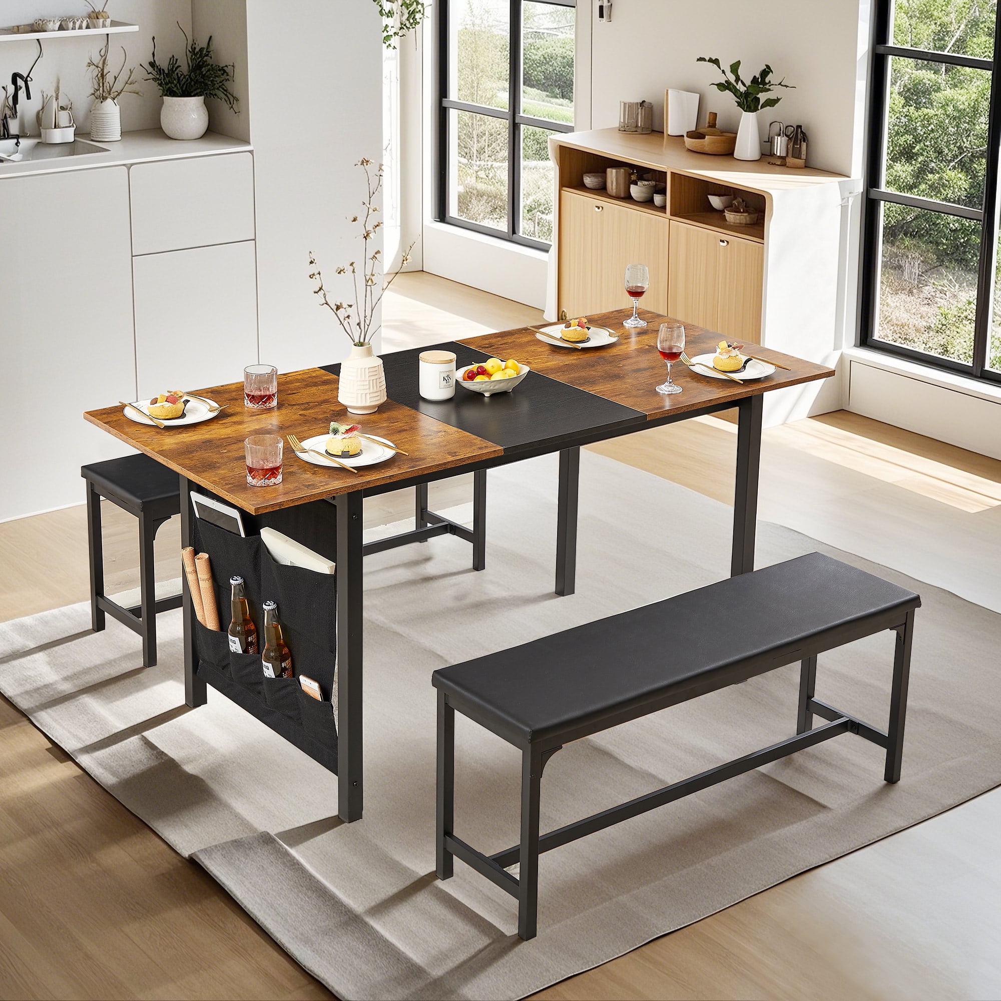 VECELO Extendable Dining Table Set for 4-6 People, Modern 3-Piece ...