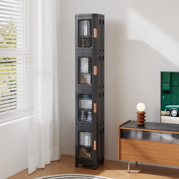 VECELO 65.4 in Folding Stackable Box Organizer with Wheels, Black, Set of 4 Count Pack