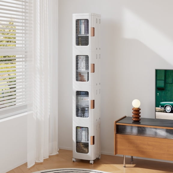 VECELO 65.4 in Folding Stackable Box Organizer with Wheels, White, Set of 4 Count Pack