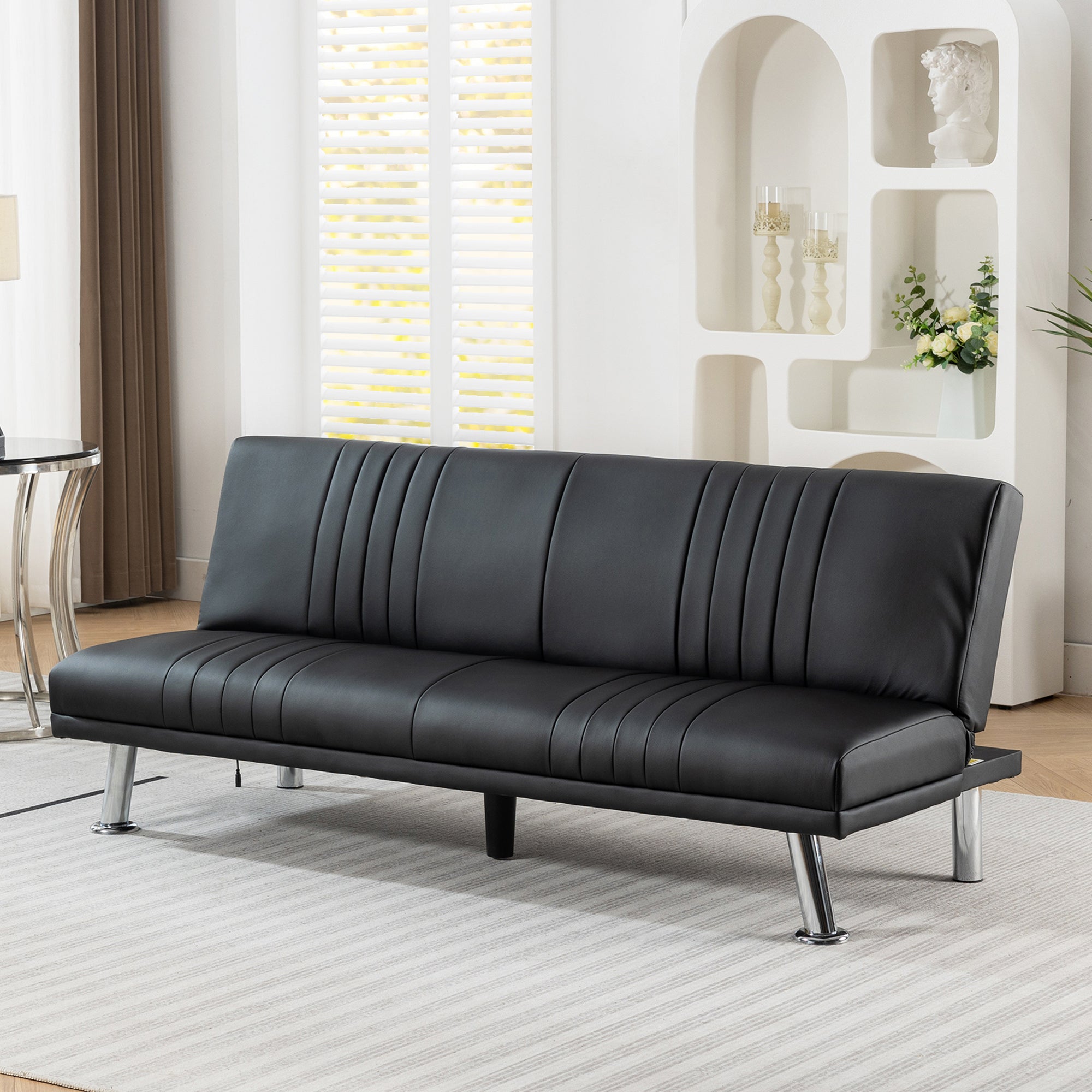 VECELO 65" Faux Leather Futon Sofa Bed With Dual USB Charging Ports, Modern Folding Sleeper