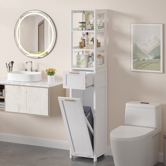 VECELO 66.9 Inch Tall Tilt Out Laundry Hamper Cabinet with Adjustable Shelves for Bathroom, Storage Organizer with Removable Laundry Basket for Laundry Room