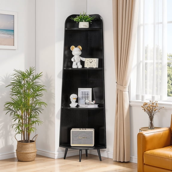 VECELO 67"Tall Corner Shelf, 4 Tier Freestanding Corner Bookcase with Anti-Tipping Kit, Stable Triangle Design, Modern Display Stand for Living Room, Kitchen, Home Office, Space-Saving, Black
