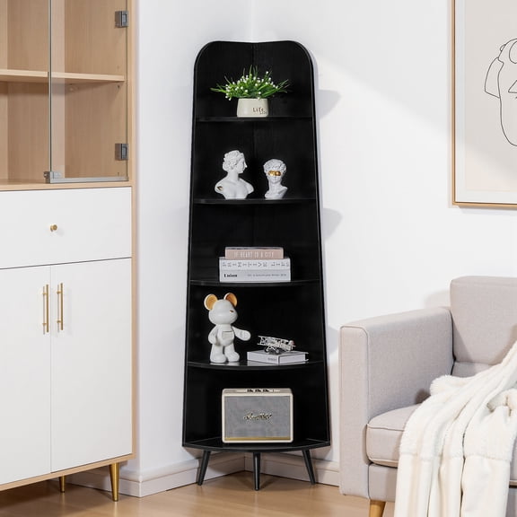 VECELO 67"Tall Corner Shelf, 5 Tier Freestanding Corner Bookcase with Anti-Tipping Kit, Stable Triangle Design, Modern Display Stand for Living Room, Kitchen, Home Office, Space-Saving, Black