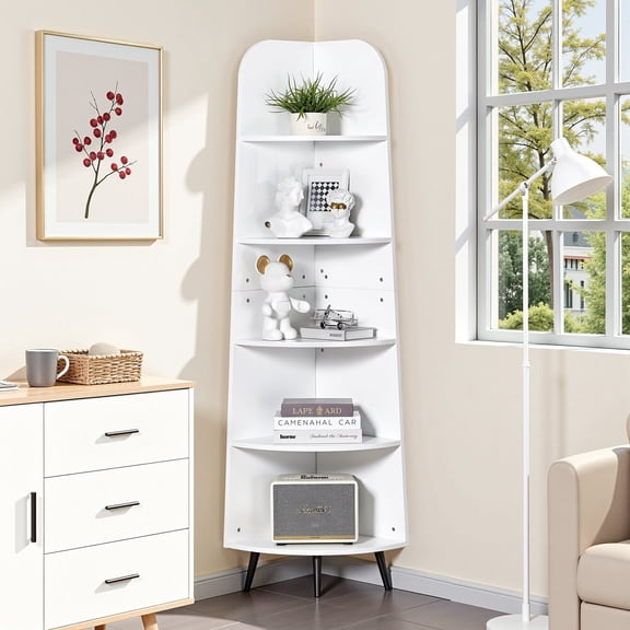 VECELO 67"Tall Corner Shelf, 5 Tier Freestanding Corner Bookcase with Anti-Tipping Kit, Stable Triangle Design, Modern Display Stand for Living Room, Kitchen, Home Office, Space-Saving, White