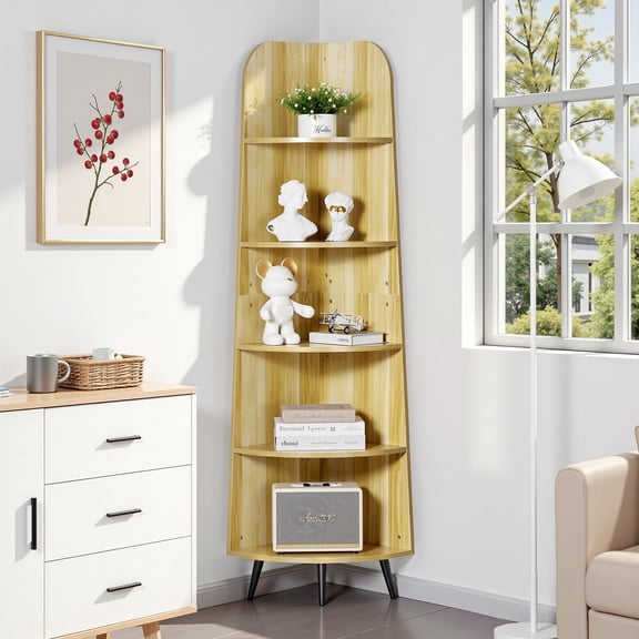 VECELO 67"Tall Corner Shelf, 5 Tier Freestanding Corner Bookcase with Anti-Tipping Kit, Stable Triangle Design, Modern Display Stand for Living Room, Kitchen, Home Office, Space-Saving, Natural