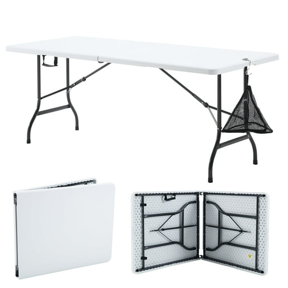 VECELO 6ft Folding Camping Table with Hanging Bag, Heavy Duty Plastic Fold-in-Half Utility Party Dining Table, Indoor Outdoor Foldable Table with Carrying Handle, White