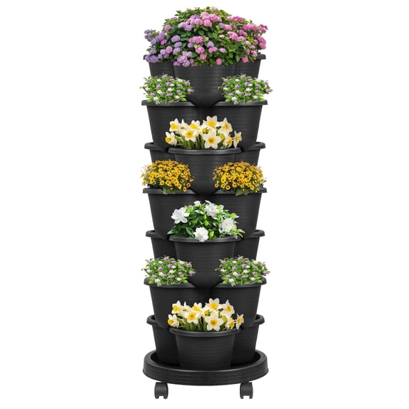 VECELO 7 Tiered Vertical Planters, Stackable Planters Garden Tower with Wheels and Support Pole, Stackable For Strawberries, Herb Vegetable Planters Indoor Outdoor, Black
