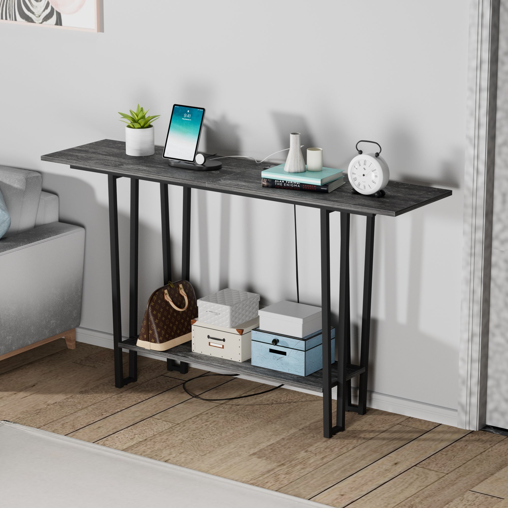 VECELO 55 Inch Console Table With Charging Station - Narrow Industrial Sofa Table, 2 Outlets & USB Ports, Gray Entryway Or Living Room Table