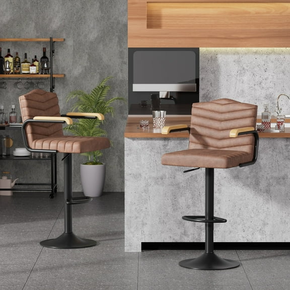 VECELO Adjustable Height Bar Stools Set of 2, Swivel Barstools with Mid Back and Armrest, PU Lether Modern Upholstered Bar Chairs for Kitchen Island, Dining Room, Brown