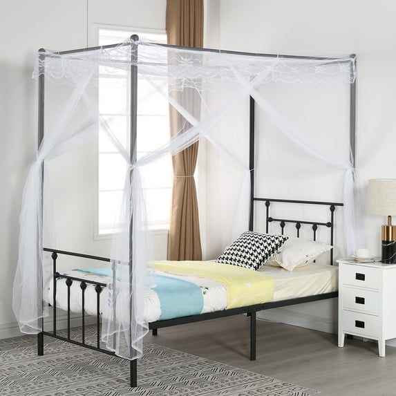 VECELO Antique Twin Antique Black Metal Platform Canopy Bedframe Mattress Foundation/Box Spring Replacement with Victorian Headboard ,Multiple Size Available