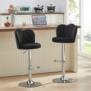 VECELO Bar Stools Set of 2, Modern Velvet Adjustable Barstools with Petal Backs and Footrest, Counter Height Swivel Stool Chairs for Home Bar/Kitchen/Dining Bar, Black