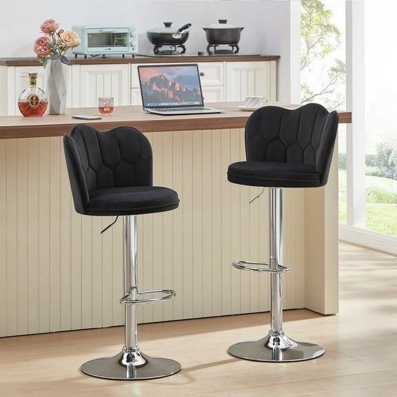 VECELO Bar Stools Set of 2, Modern Velvet Adjustable Barstools with Petal Backs and Footrest, Counter Height Swivel Stool Chairs for Home Bar/Kitchen/Dining Bar, Black