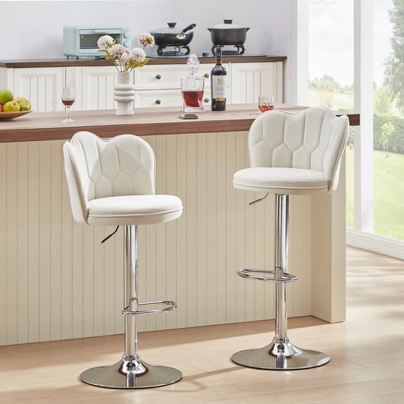 VECELO Bar Stools Set of 2, Modern Velvet Adjustable Barstools with Petal Backs and Footrest, Counter Height Swivel Stool Chairs for Home Bar/Kitchen/Dining Bar, White