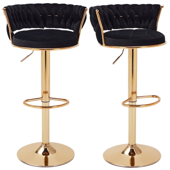 VECELO Bar Stools Set of 2, Modern Velvet Barstool with Woven Back & Footrest, 360° Swivel Adjustable Counter Height Bar Chairs for Kitchen Island Pub, Black