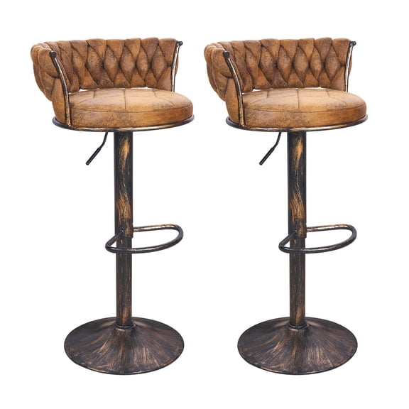 VECELO Bar Stools Set of 2, Modern Velvet Barstool with Woven Back & Footrest, 360° Swivel Adjustable Counter Height Bar Chairs for Kitchen Island Pub, Dark Brown