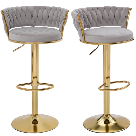 VECELO Bar Stools Set of 2, Modern Velvet Barstool with Woven Back & Footrest, 360° Swivel Adjustable Counter Height Bar Chairs for Kitchen Island Pub, Light Gray
