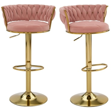 VECELO Bar Stools Set of 2, Modern Velvet Barstool with Woven Back & Footrest, 360° Swivel Adjustable Counter Height Bar Chairs for Kitchen Island Pub, Pink