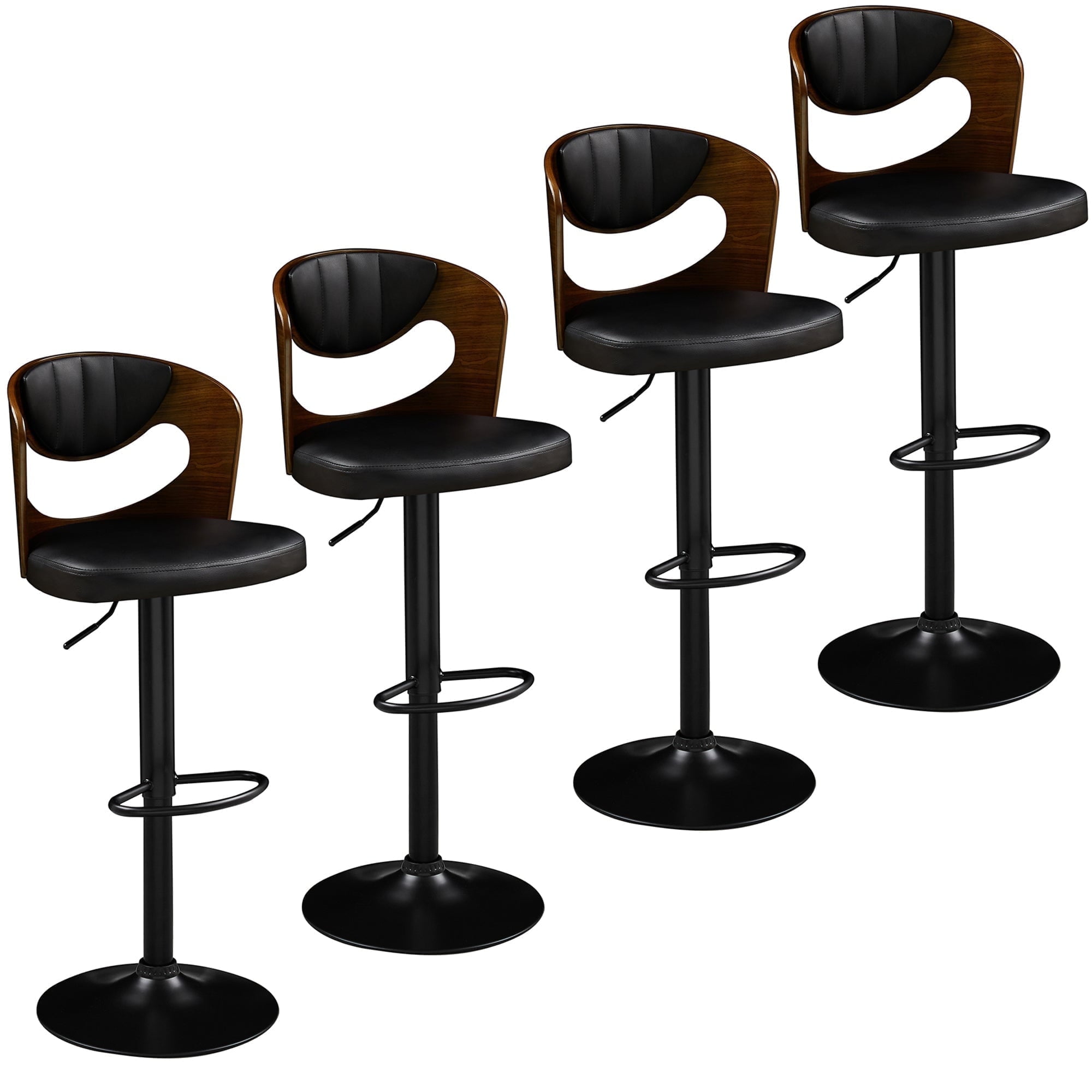 VECELO Mid-Century Bar Stools Set of 4, Modern Swivel and Adjustable Counter Height Kitchen Bar Chair with Bentwood Back, Black