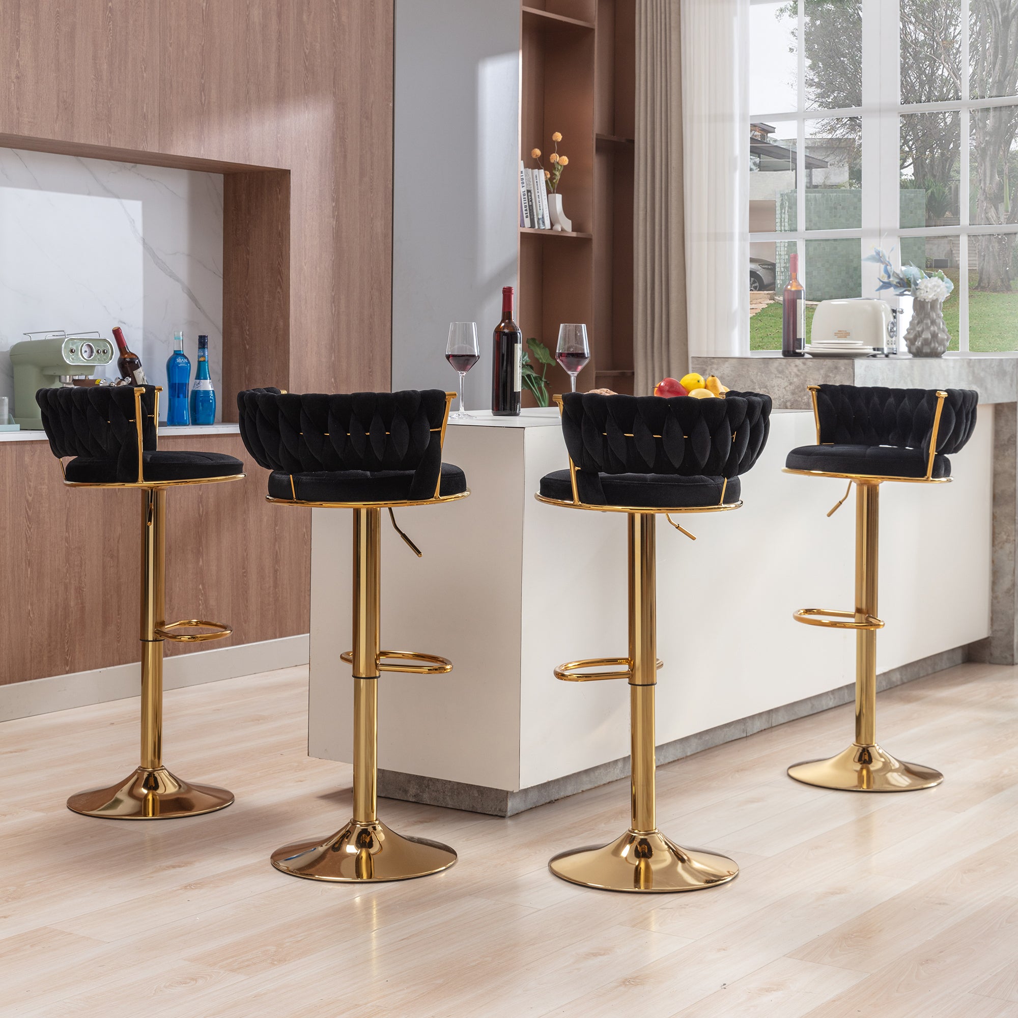 VECELO Bar Stools Set of 4, Modern Velvet Barstool with Woven Back