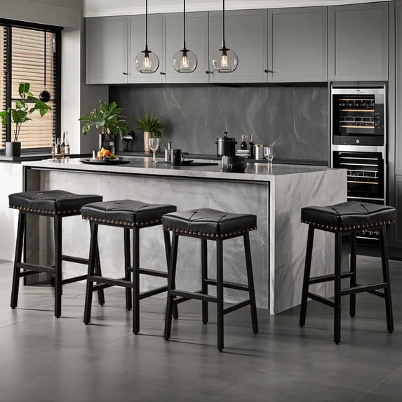 VECELO Backless Bar Stools Set of 4, Upholstered and Curved Saddle Stools with Metal Legs, Counter Height Barstools for Kitchen Island, Dining Room, Black