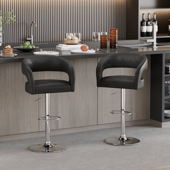 VECELO Bar Stools Set of 2, Adjustable Swivel PU Leather Counter Height Barstools with Back and Arms, Black