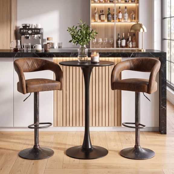 VECELO Bar Stools Set of 2, Adjustable Swivel PU Leather Counter Height Barstools with Back and Arms, Dark Brown