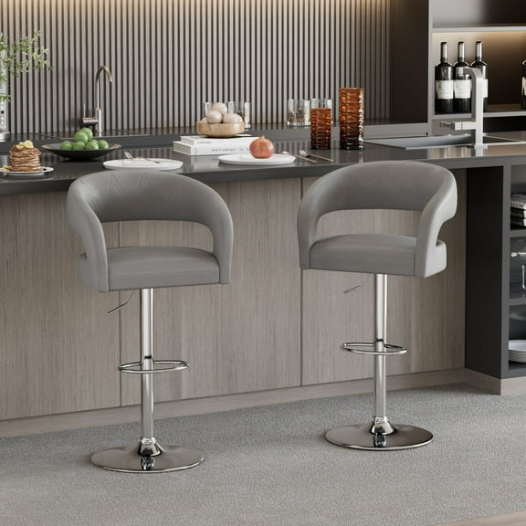 VECELO Bar Stools Set of 2, Adjustable Swivel PU Leather Counter Height Barstools with Back and Arms, Light Gray