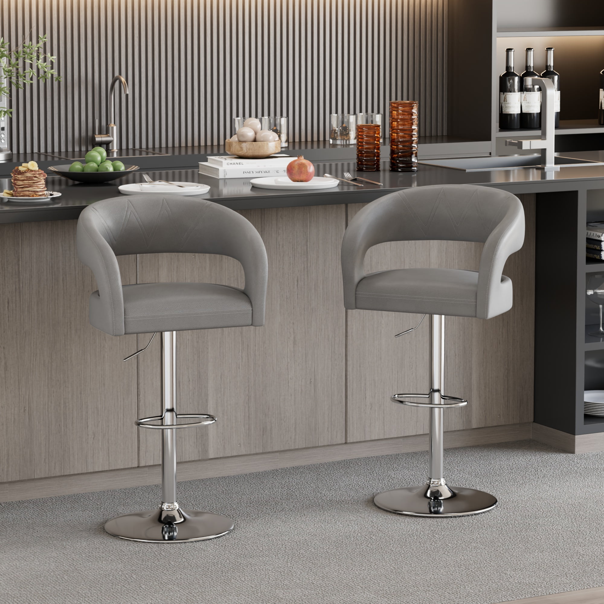 Adjustable Height Grey Bar Stools With Backs And Arms VECELO