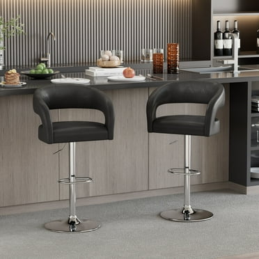 VECELO Bar Stools Set of 2, Adjustable Swivel PU Leather Counter Height Barstools with Back and Arms, Black