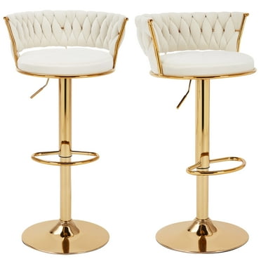 VECELO Bar Stools Set of 2, Adjustable Swivel Velvet Bar Stools for Kitchen Island, Counter Height Bar Chairs with Woven Back & Footrest, White/Gold
