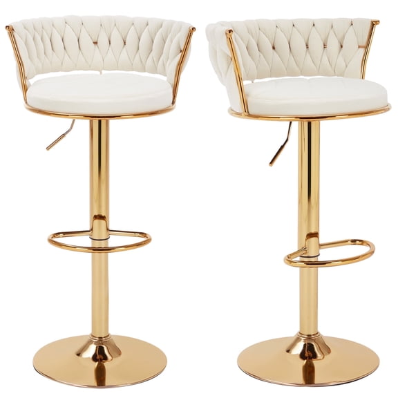 VECELO Bar Stools Set of 2, Adjustable Swivel Velvet Bar Stools for Kitchen Island, Counter Height Bar Chairs with Woven Back & Footrest, White/Gold