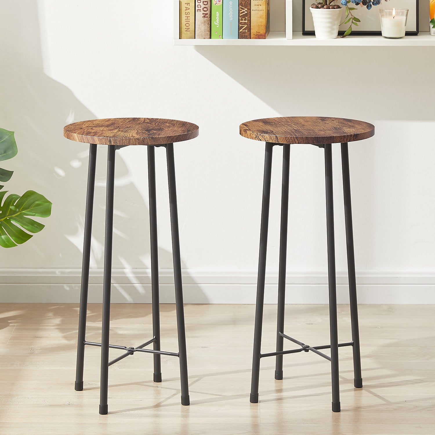 VECELO Bar Stools Set of 2, Industrial Wooden Bar Chairs with Metal