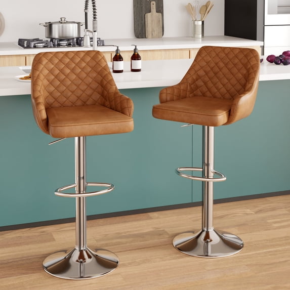 VECELO Bar Stools Set of 2 Modern PU Leather Height Adjustable Swivel Barstool with Back and Footrest, Brown