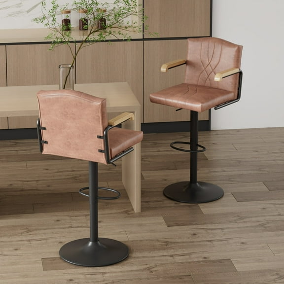VECELO Bar Stools Set of 2, PU Leather Swivel Adjustable Height Bar Stools with Back and Footrest for Kitchen Island, Bar Pub, Brown