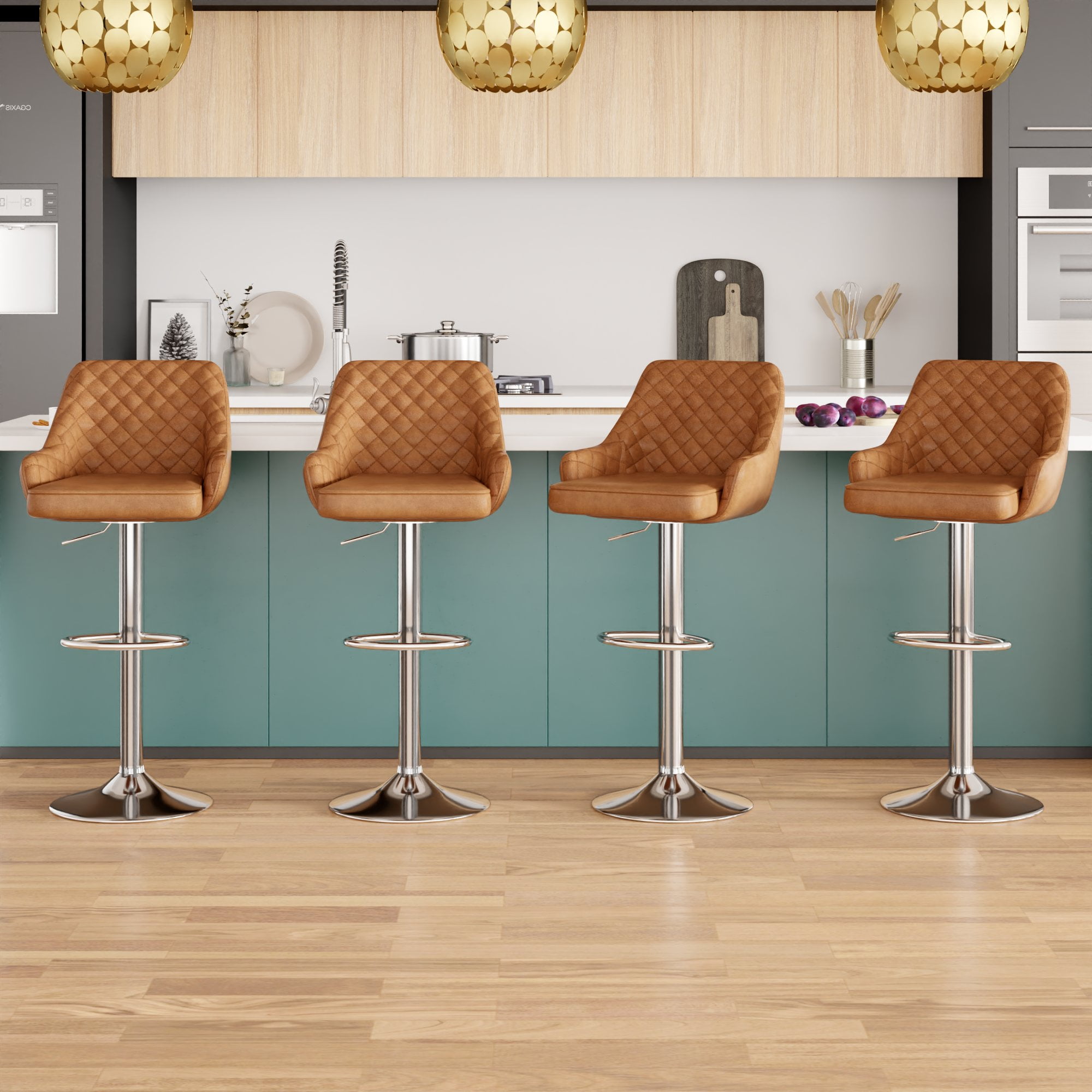 VECELO Bar Stools Set of 4 Modern PU Leather Height Adjustable Swivel Barstool with Back and Footrest, Brown
