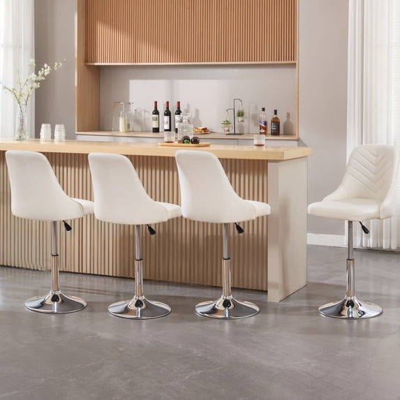 VECELO Bar Stools Set of 4, Swivel Adjustable Barstools with Backrest, PU Leather Upholstered Chairs, Round Heavy Metal Base, White
