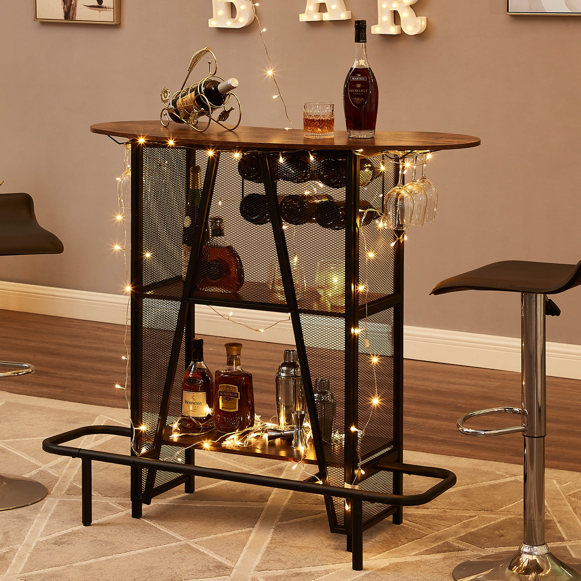 VECELO Bar Unit with Metal Mesh Front, 3 Tier Bar Table with Wine Rack ...
